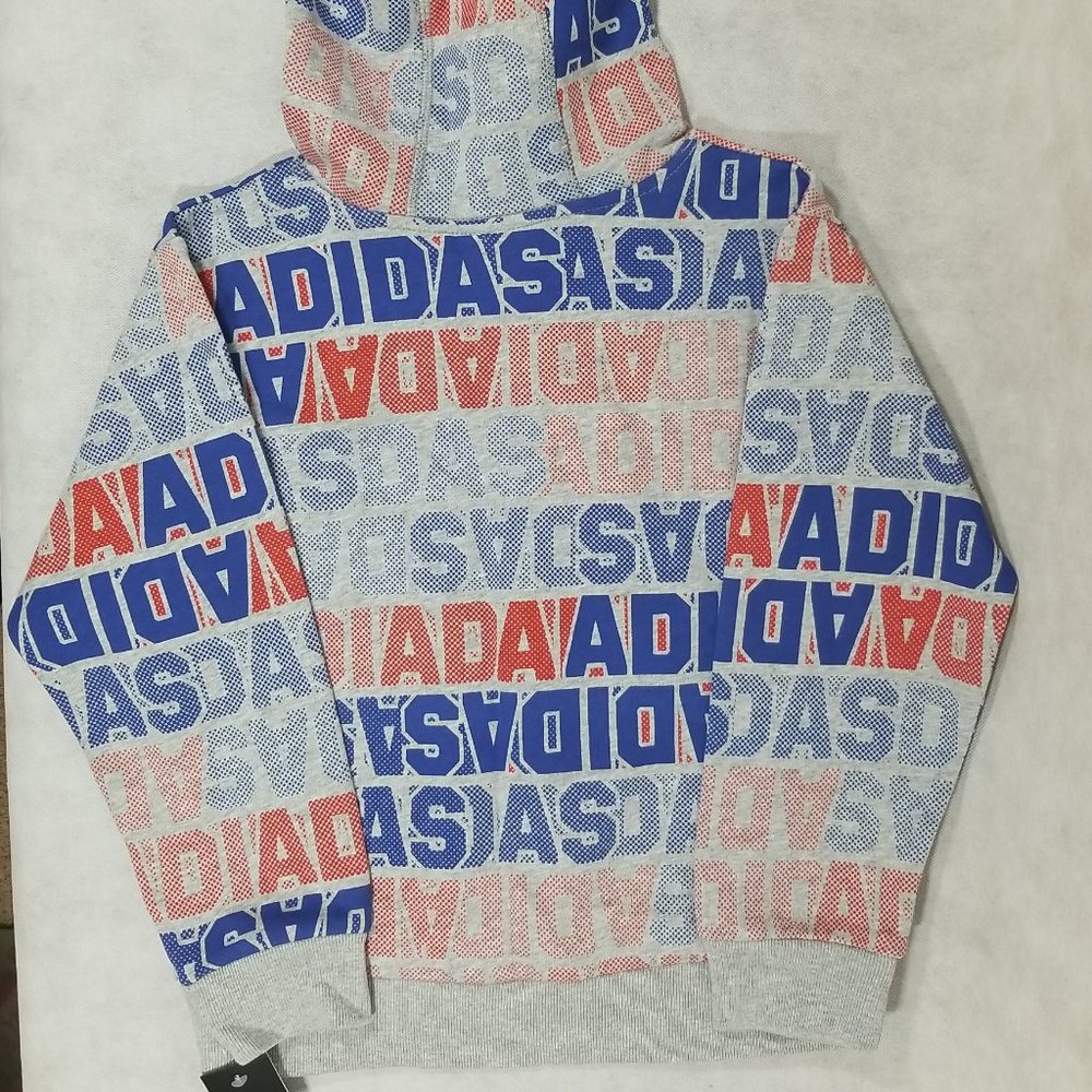 Adidas Boys Size Large Hooded Sweatshirt Pullover Grey Pockets Drawstring Logo - Picture 4 of 4